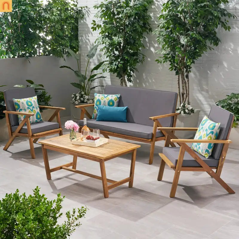Outdoor Chat Set Acacia Wood Teak Gray Cushions 4-Piece