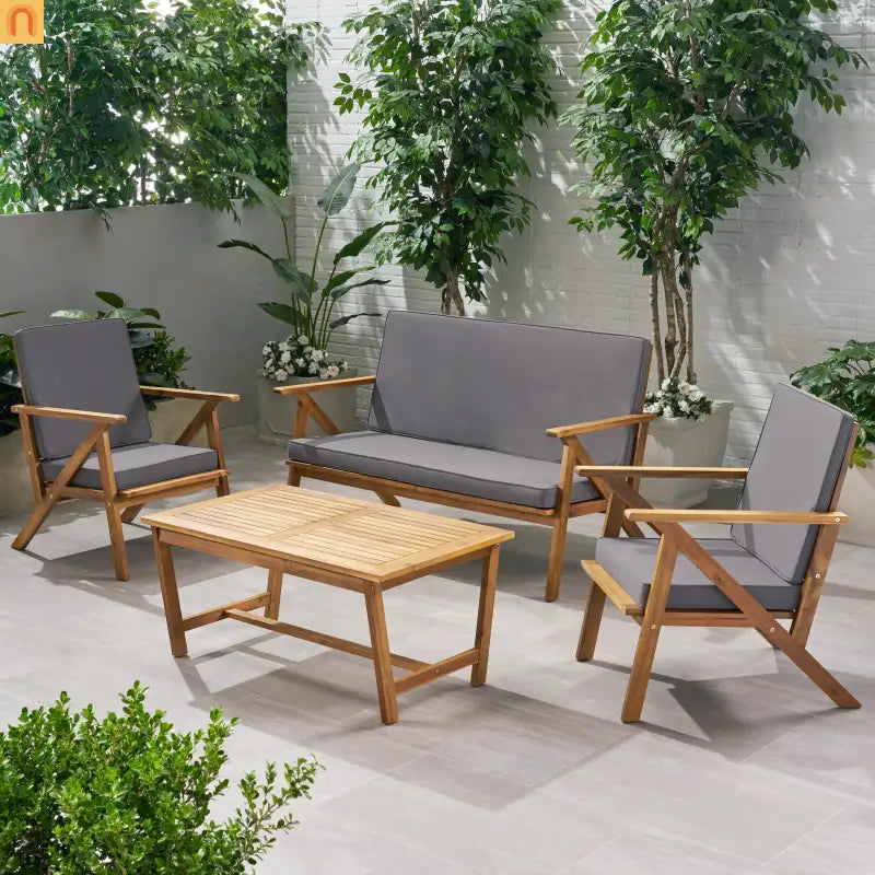 Outdoor Chat Set Acacia Wood Teak Gray Cushions 4-Piece