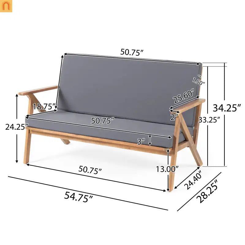 Outdoor Chat Set Acacia Wood Teak Gray Cushions 4-Piece