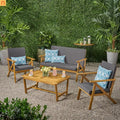 Outdoor Chat Set Acacia Wood Teak Gray Cushions 4-Piece