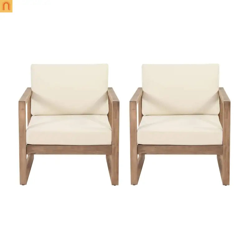Outdoor Club Chair Acacia Wood Beige Cushion Slat Panel Set of 2