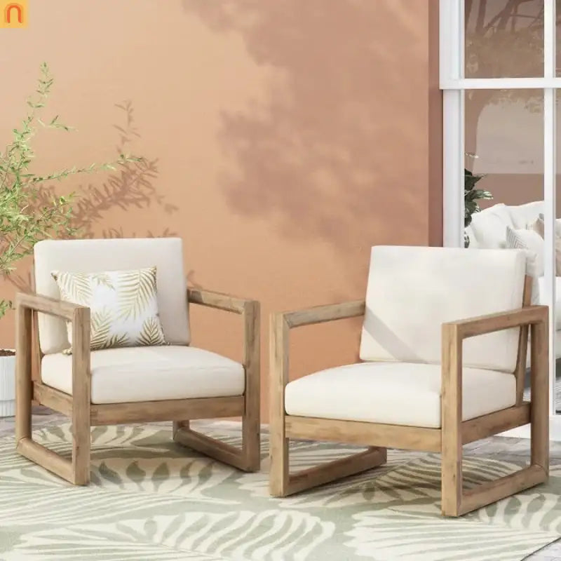 Outdoor Club Chair Acacia Wood Beige Cushion Slat Panel Set of 2