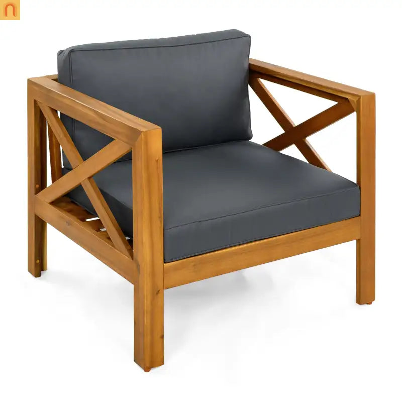 Outdoor Club Chair Set Acacia Wood Teak Dark Gray Cushions Set of 2