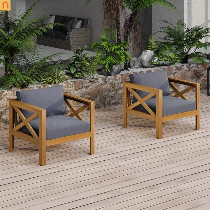 Outdoor Club Chair Set Acacia Wood Teak Dark Gray Cushions Set of 2