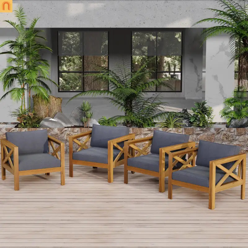 Outdoor Club Chair Set Acacia Wood Teak Dark Gray Cushions Set of 2