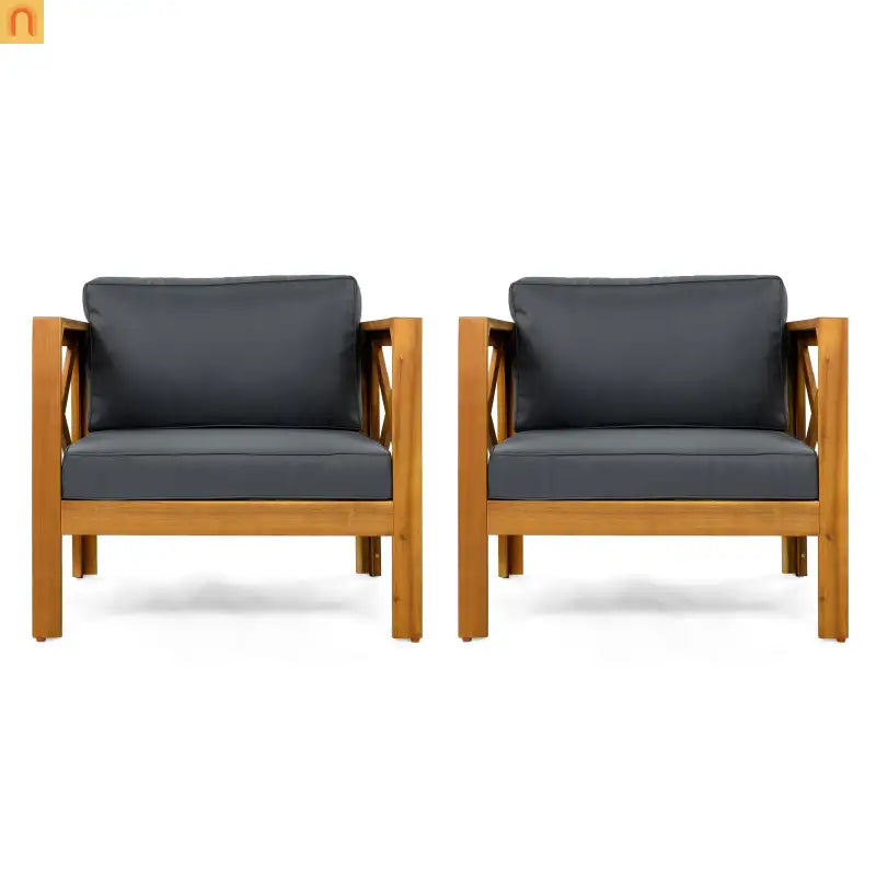 Outdoor Club Chair Set Acacia Wood Teak Dark Gray Cushions Set of 2