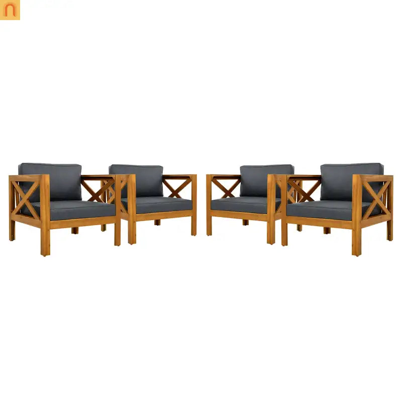 Outdoor Club Chair Set Acacia Wood Teak Dark Gray Cushions Set of 2