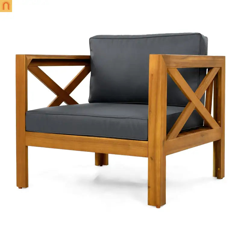 Outdoor Club Chair Set Acacia Wood Teak Dark Gray Cushions Set of 2