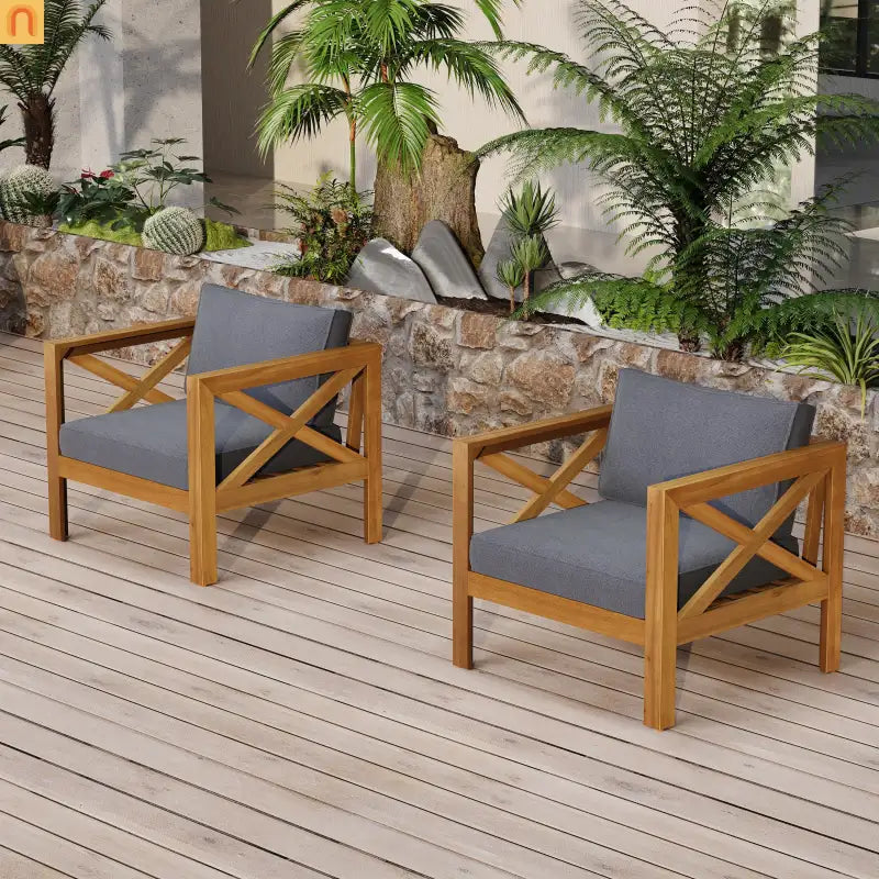 Outdoor Club Chair Set Acacia Wood Teak Dark Gray Cushions Set of 2