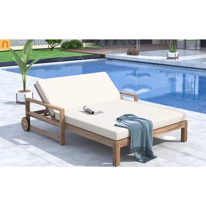 Outdoor Daybed Farmhouse Acacia Wood Beige Cushion Adjustable Poolside