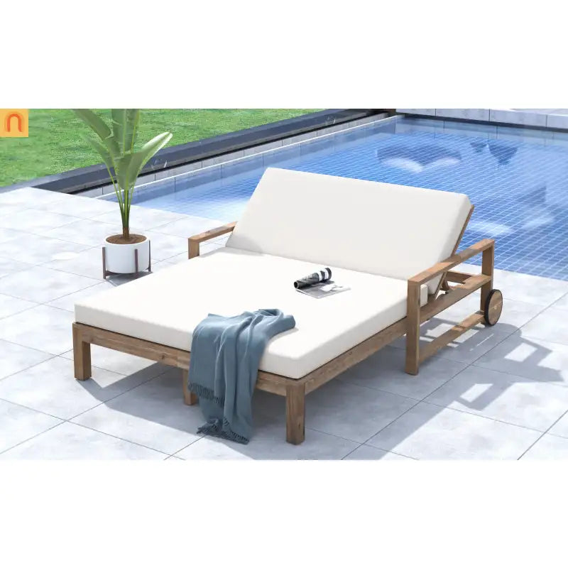 Outdoor Daybed Farmhouse Acacia Wood Beige Cushion Adjustable Poolside