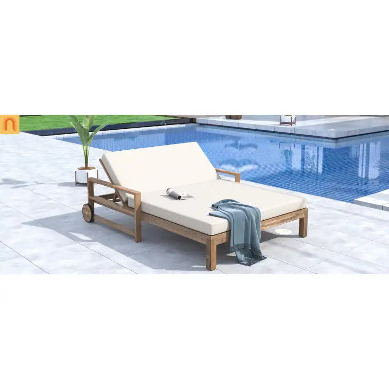 Outdoor Daybed Farmhouse Acacia Wood Beige Cushion Adjustable Poolside