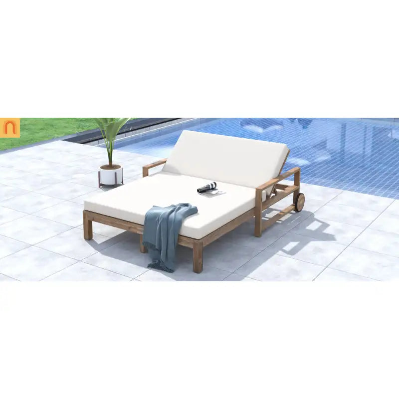 Outdoor Daybed Farmhouse Acacia Wood Beige Cushion Adjustable Poolside