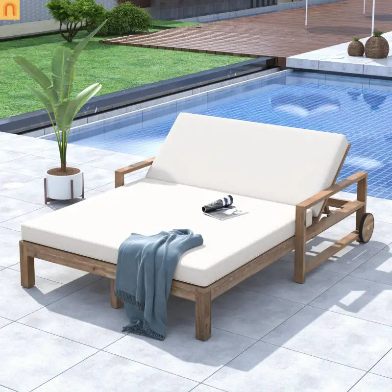 Outdoor Daybed Farmhouse Acacia Wood Beige Cushion Adjustable Poolside