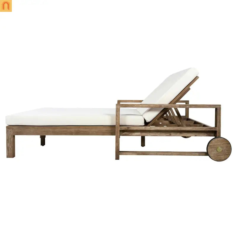 Outdoor Daybed Farmhouse Acacia Wood Beige Cushion Adjustable Poolside