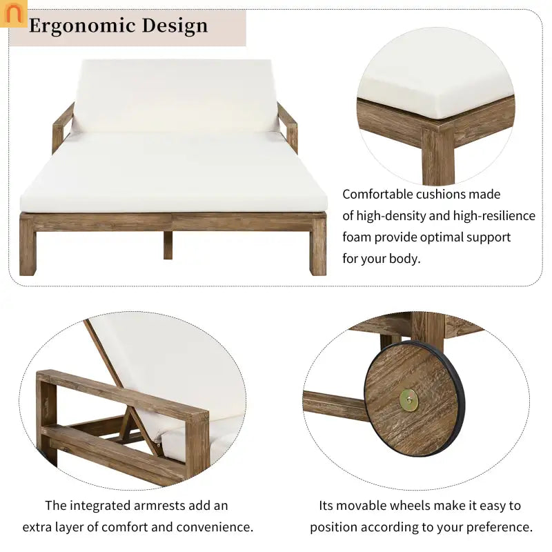 Outdoor Daybed Farmhouse Acacia Wood Beige Cushion Adjustable Poolside