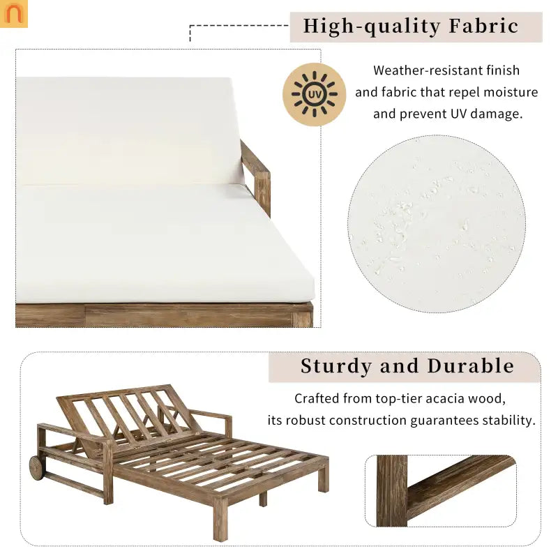 Outdoor Daybed Farmhouse Acacia Wood Beige Cushion Adjustable Poolside
