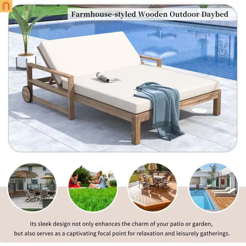 Outdoor Daybed Farmhouse Acacia Wood Beige Cushion Adjustable Poolside