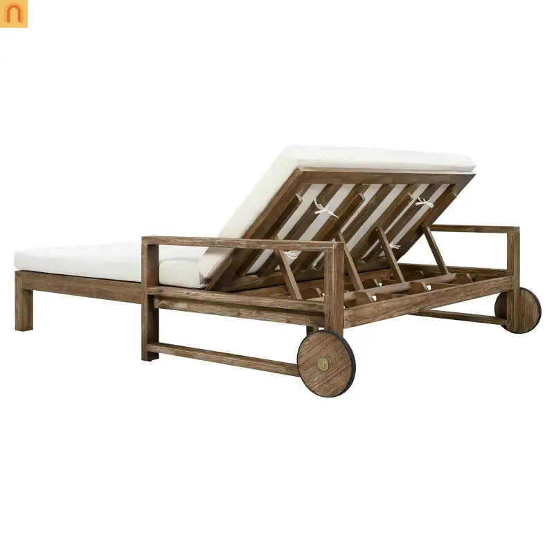 Outdoor Daybed Farmhouse Acacia Wood Beige Cushion Adjustable Poolside