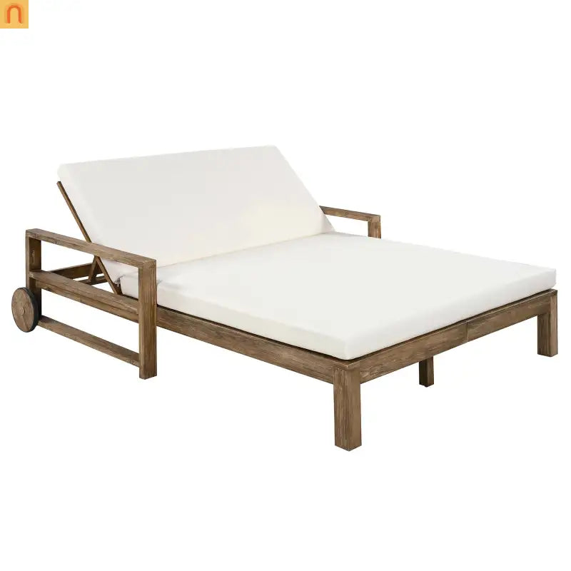 Outdoor Daybed Farmhouse Acacia Wood Beige Cushion Adjustable Poolside