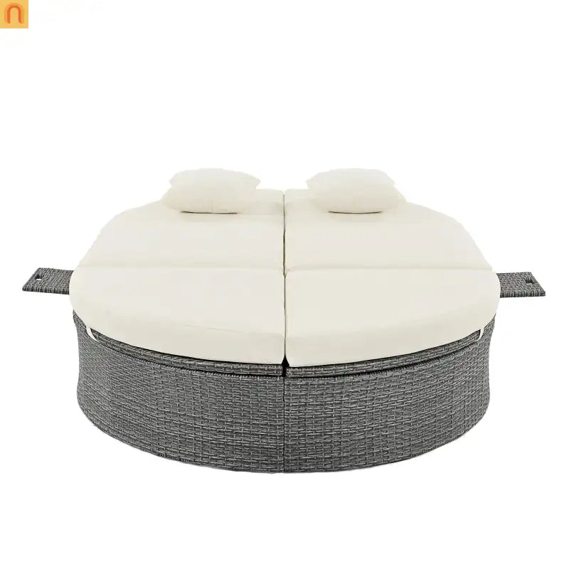 Chaise Lounge PE Rattan Iron Beige Cushion 3 Position Side Trays 2 Person