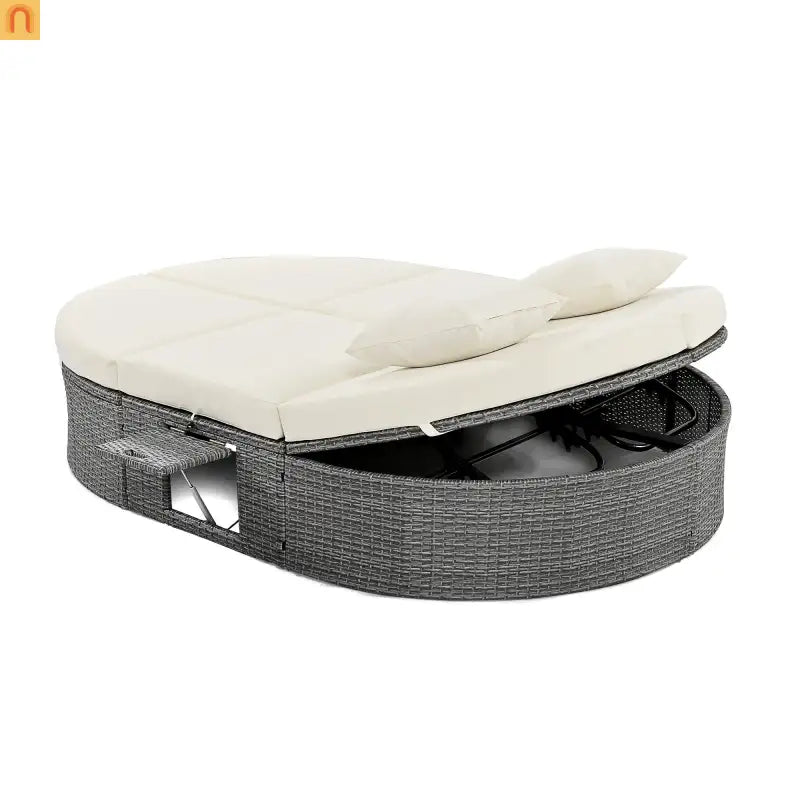 Chaise Lounge PE Rattan Iron Beige Cushion 3 Position Side Trays 2 Person