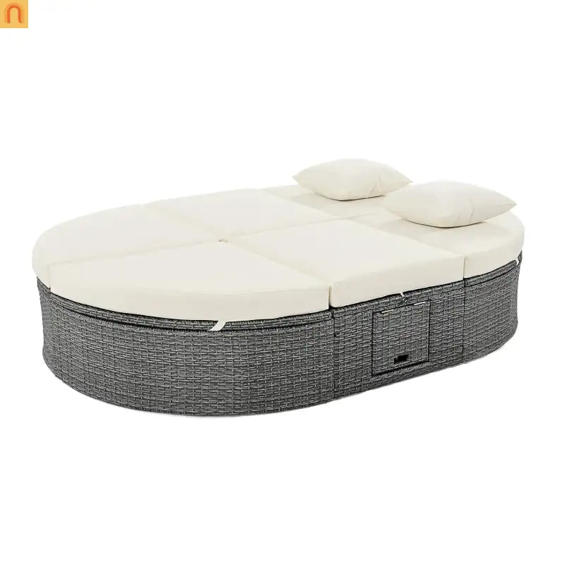 Chaise Lounge PE Rattan Iron Beige Cushion 3 Position Side Trays 2 Person