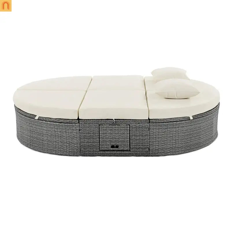Chaise Lounge PE Rattan Iron Beige Cushion 3 Position Side Trays 2 Person