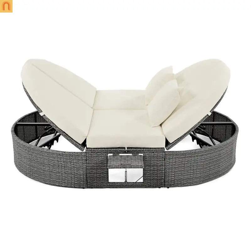 Chaise Lounge PE Rattan Iron Beige Cushion 3 Position Side Trays 2 Person