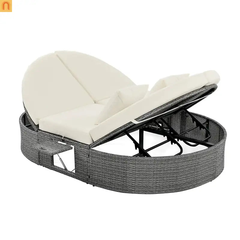 Chaise Lounge PE Rattan Iron Beige Cushion 3 Position Side Trays 2 Person