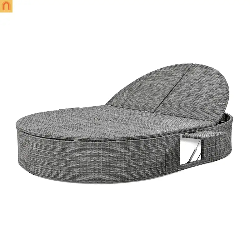 Chaise Lounge PE Rattan Iron Beige Cushion 3 Position Side Trays 2 Person