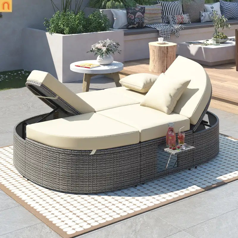 Chaise Lounge PE Rattan Iron Beige Cushion 3 Position Side Trays 2 Person