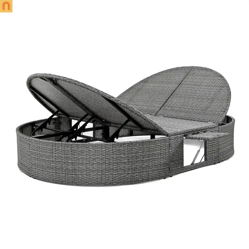 Chaise Lounge PE Rattan Iron Beige Cushion 3 Position Side Trays 2 Person