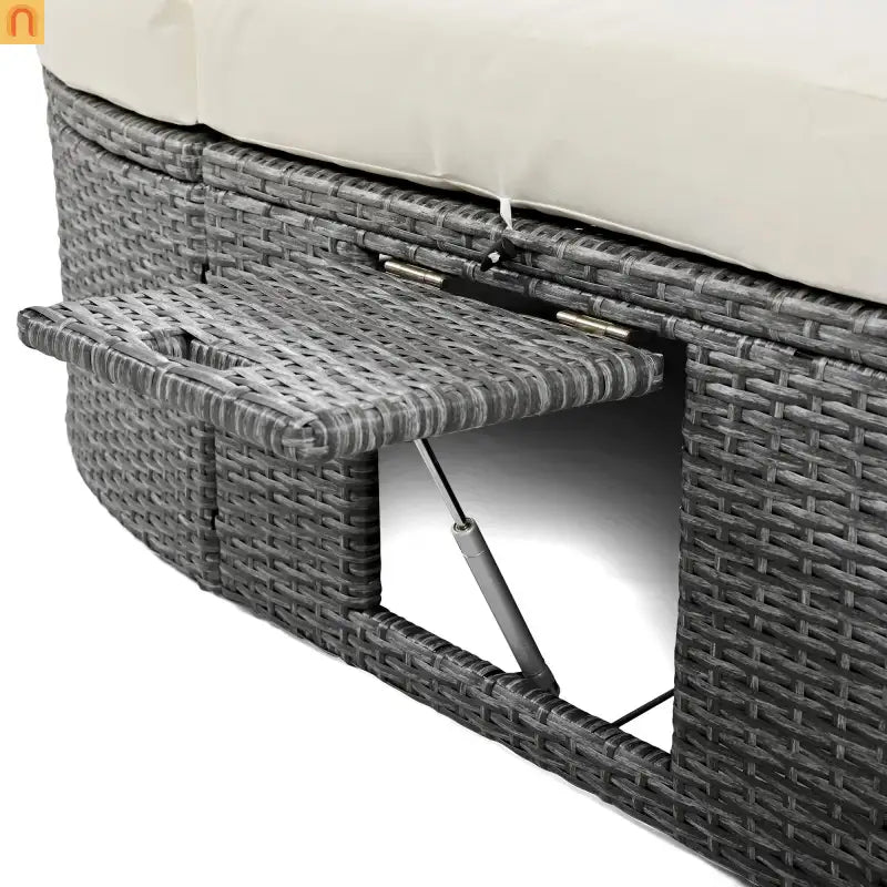Chaise Lounge PE Rattan Iron Beige Cushion 3 Position Side Trays 2 Person