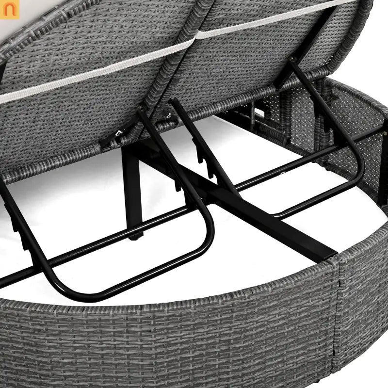 Chaise Lounge PE Rattan Iron Beige Cushion 3 Position Side Trays 2 Person