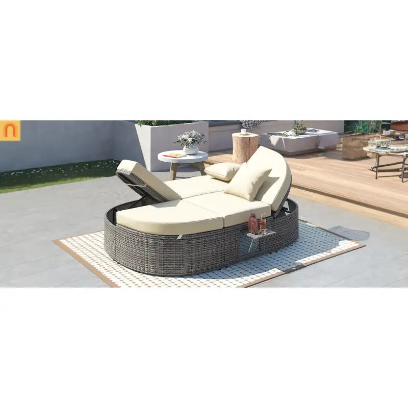 Chaise Lounge PE Rattan Iron Beige Cushion 3 Position Side Trays 2 Person