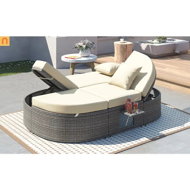 Chaise Lounge PE Rattan Iron Beige Cushion 3 Position Side Trays 2 Person