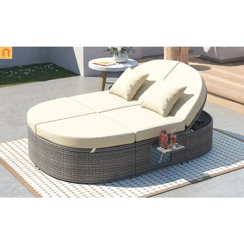 Chaise Lounge PE Rattan Iron Beige Cushion 3 Position Side Trays 2 Person