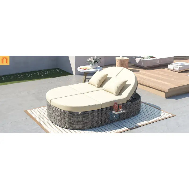 Chaise Lounge PE Rattan Iron Beige Cushion 3 Position Side Trays 2 Person