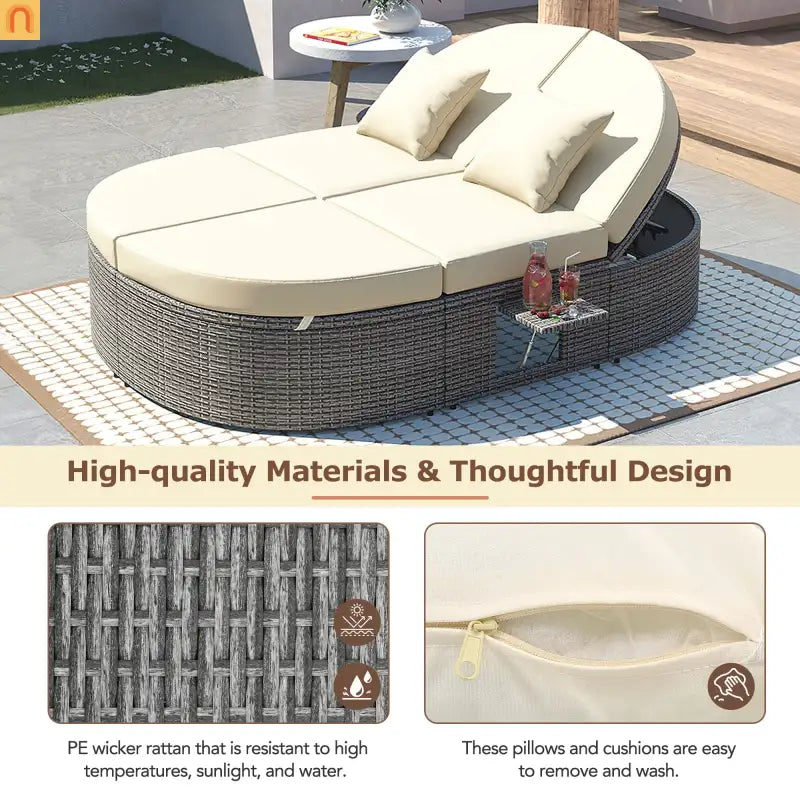 Chaise Lounge PE Rattan Iron Beige Cushion 3 Position Side Trays 2 Person