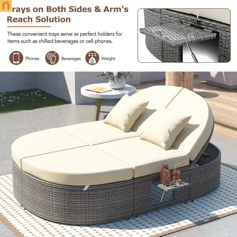 Chaise Lounge PE Rattan Iron Beige Cushion 3 Position Side Trays 2 Person