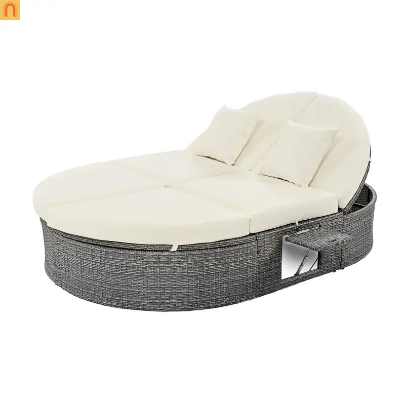 Chaise Lounge PE Rattan Iron Beige Cushion 3 Position Side Trays 2 Person