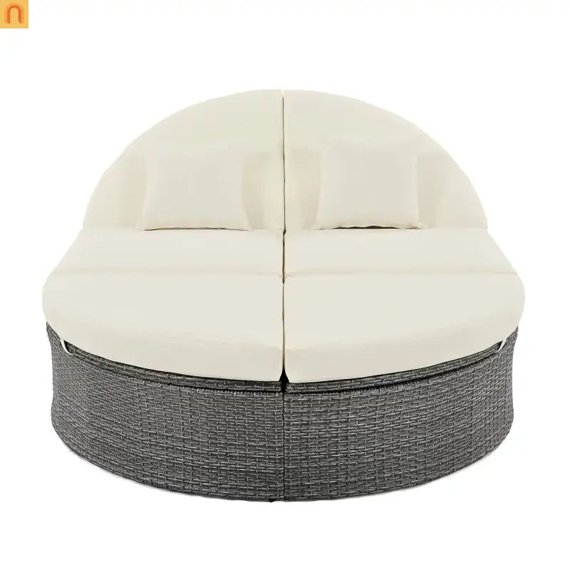 Chaise Lounge PE Rattan Iron Beige Cushion 3 Position Side Trays 2 Person