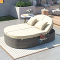 Chaise Lounge PE Rattan Iron Beige Cushion 3 Position Side Trays 2 Person