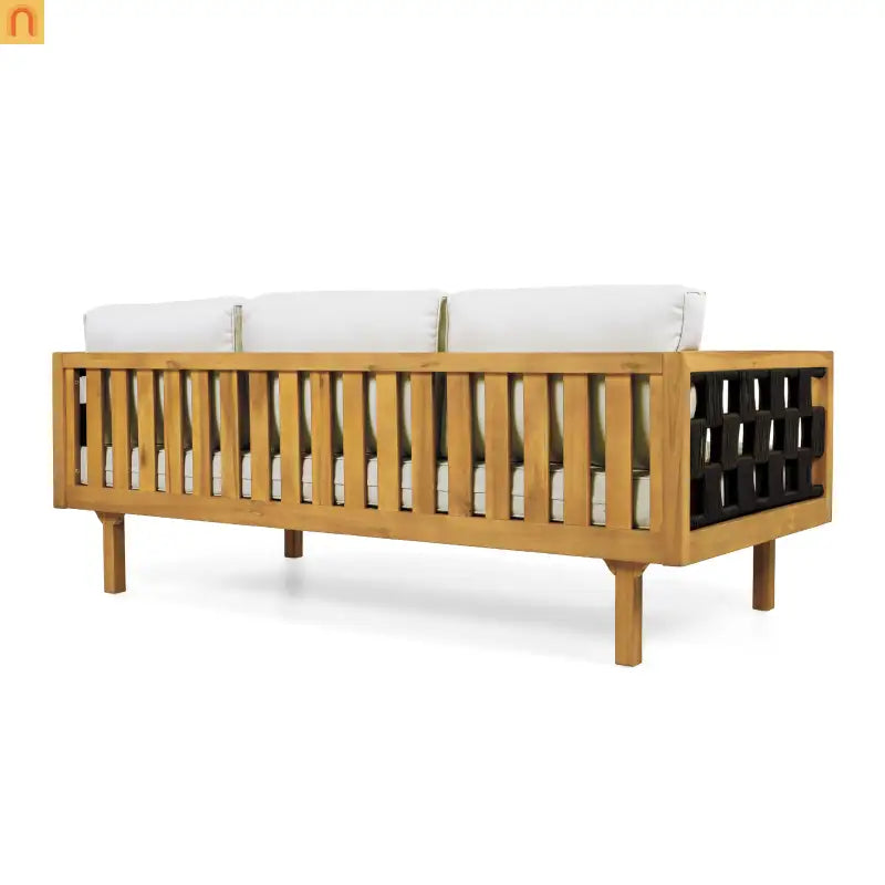 Outdoor Daybed Set Acacia Wood Teak 3 Seater Light Gray Rope Table