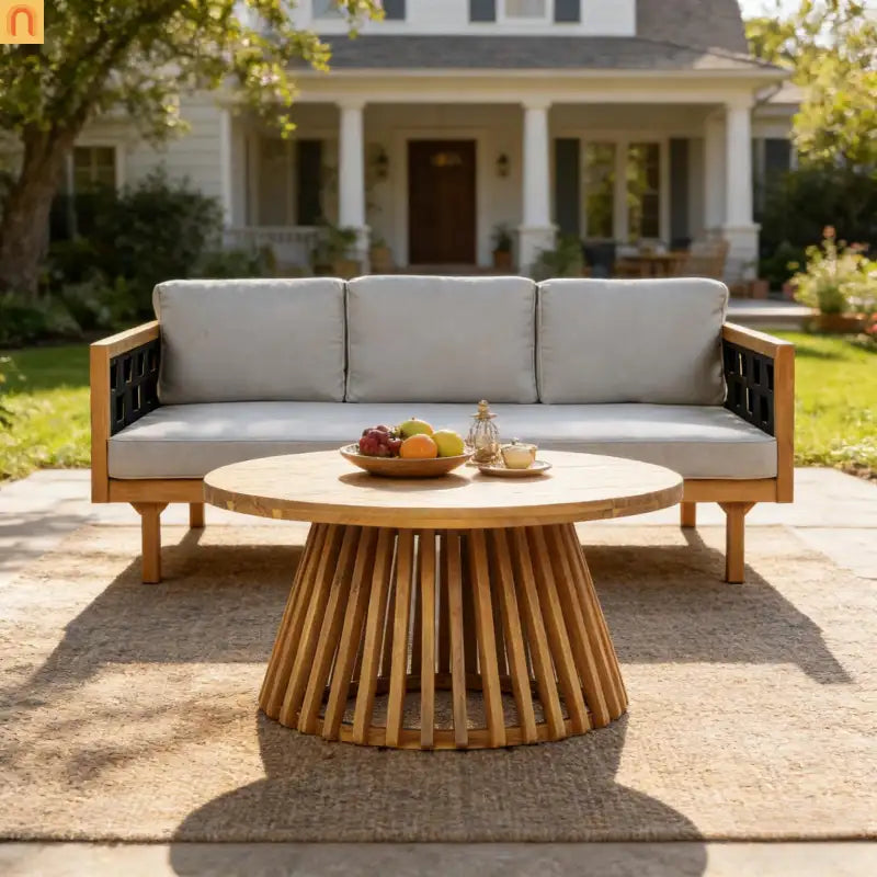 Outdoor Daybed Set Acacia Wood Teak 3 Seater Light Gray Rope Table