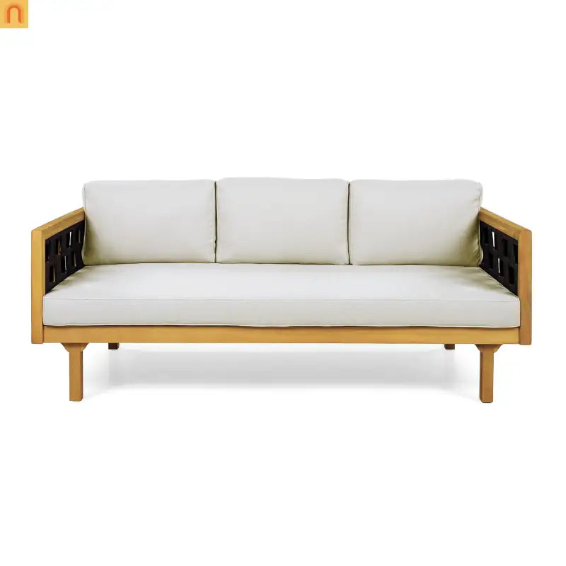 Outdoor Daybed Set Acacia Wood Teak 3 Seater Light Gray Rope Table