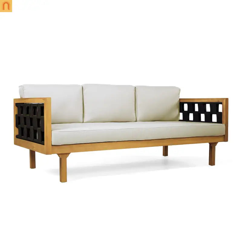 Outdoor Daybed Set Acacia Wood Teak 3 Seater Light Gray Rope Table
