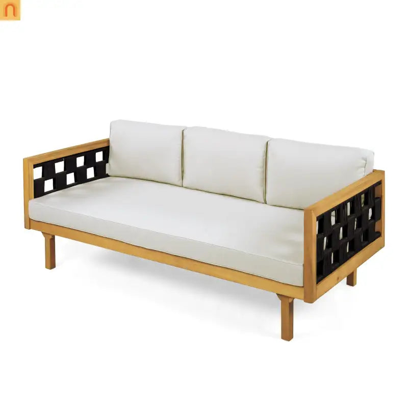 Outdoor Daybed Set Acacia Wood Teak 3 Seater Light Gray Rope Table