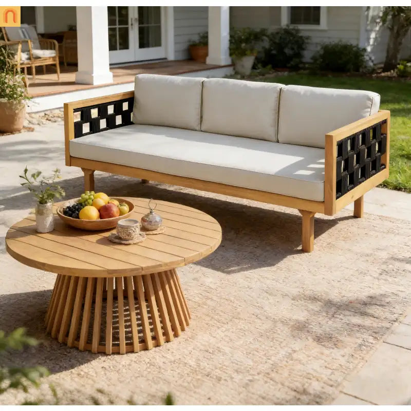 Outdoor Daybed Set Acacia Wood Teak 3 Seater Light Gray Rope Table